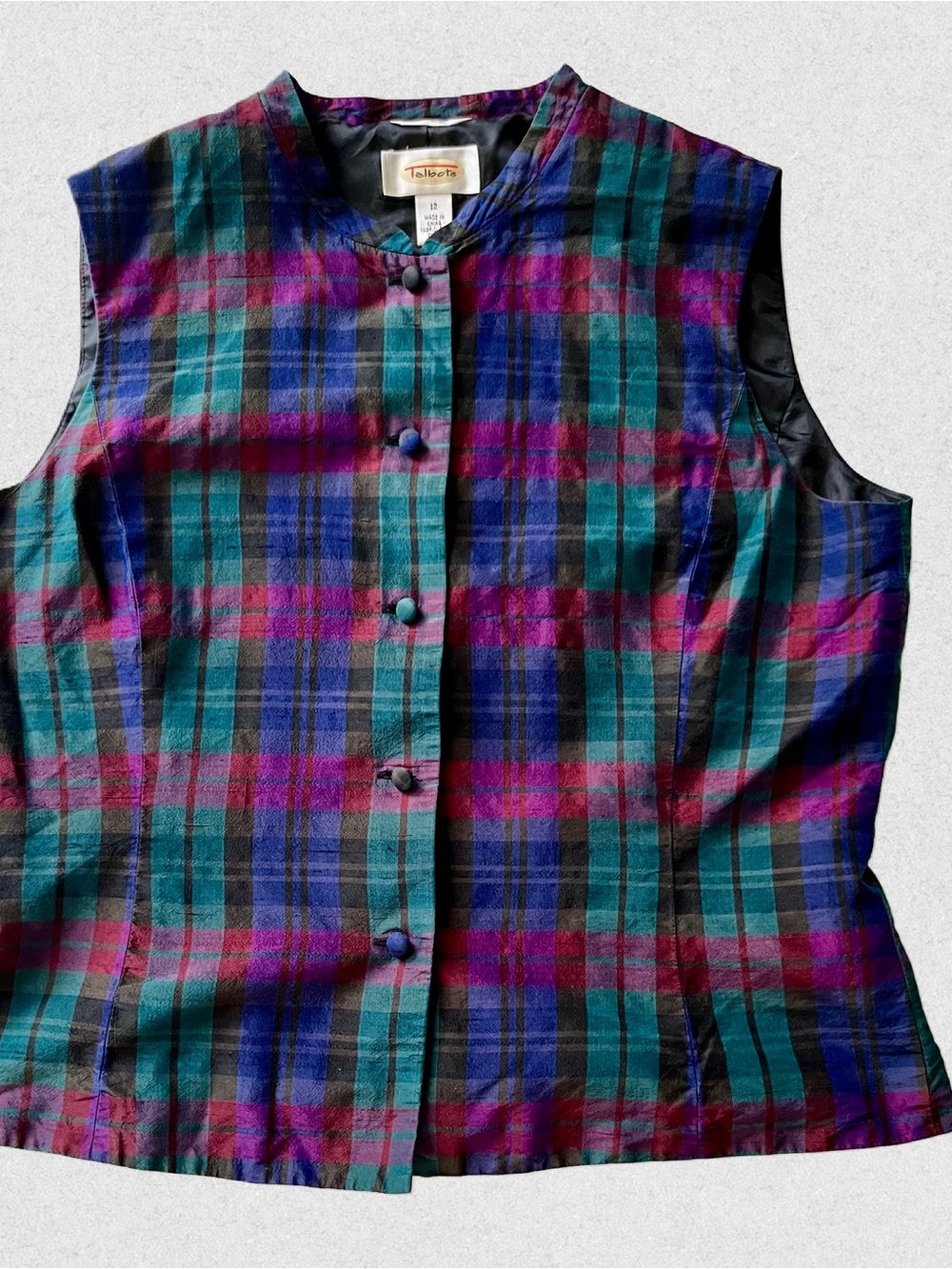 Talbots Purple & Teal Plaid Silk Sleeveless Shirt